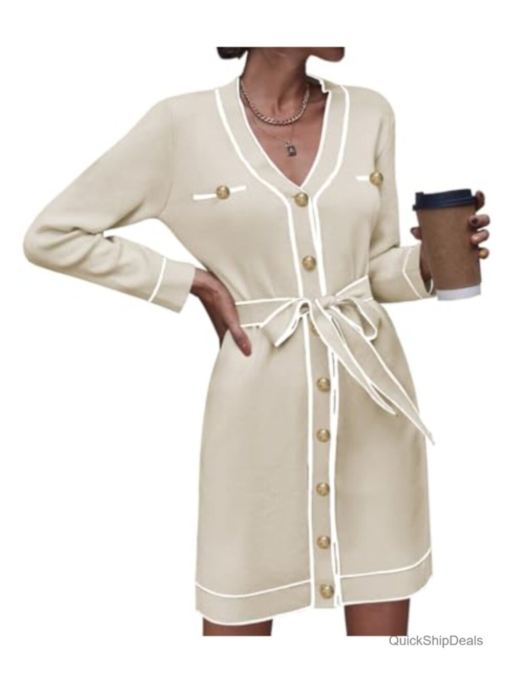 Pink Queen Long Sleeve Button Down Sweater Dress V Neck Open Front Belted Mini